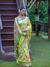 Botanical Weaving Golden Zari Worked Heavy Royal Banarasi Lime Green Saree